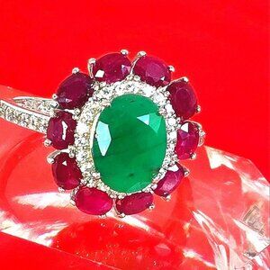 925 Sterling Silver Ring with Natural Emerald 11x8mm & Ruby Gemstone